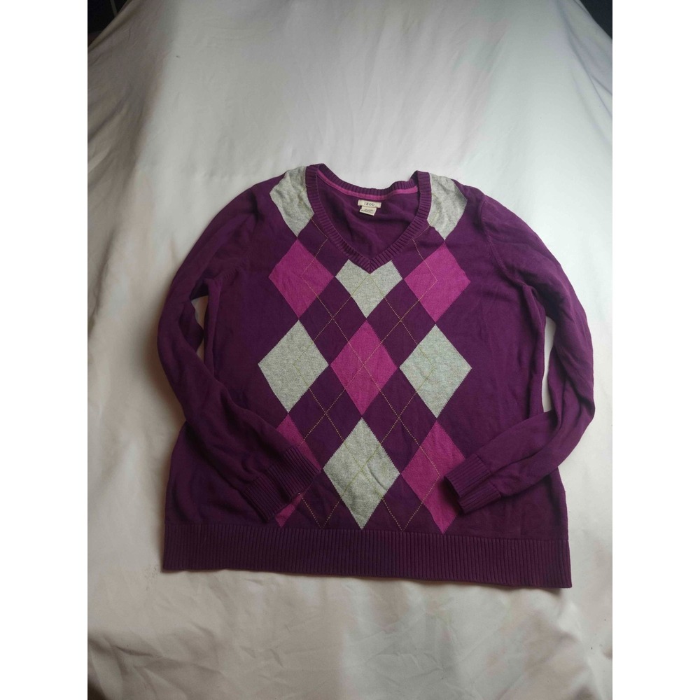 IZOD Sweater Womens XL Purple Argyle Cotton Preppy Long Sleeve Pullover V-Neck